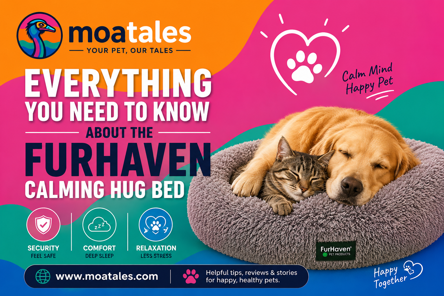 Moatales ad for Furhaven Calming Hug Bed featuring a cozy dog and cat promoting deep sleep and stress relief.