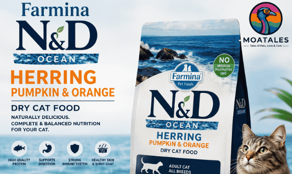 Farmina N&D Ocean Herring dry cat food with fresh fish, pumpkin, orange, and a healthy tabby cat.