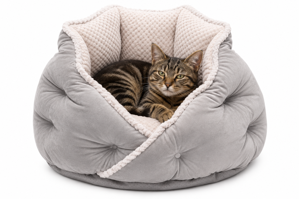 Cute tabby cat relaxing in a soft gray Furhaven Calming Hug Bed designed for warmth, comfort, and better sleep.