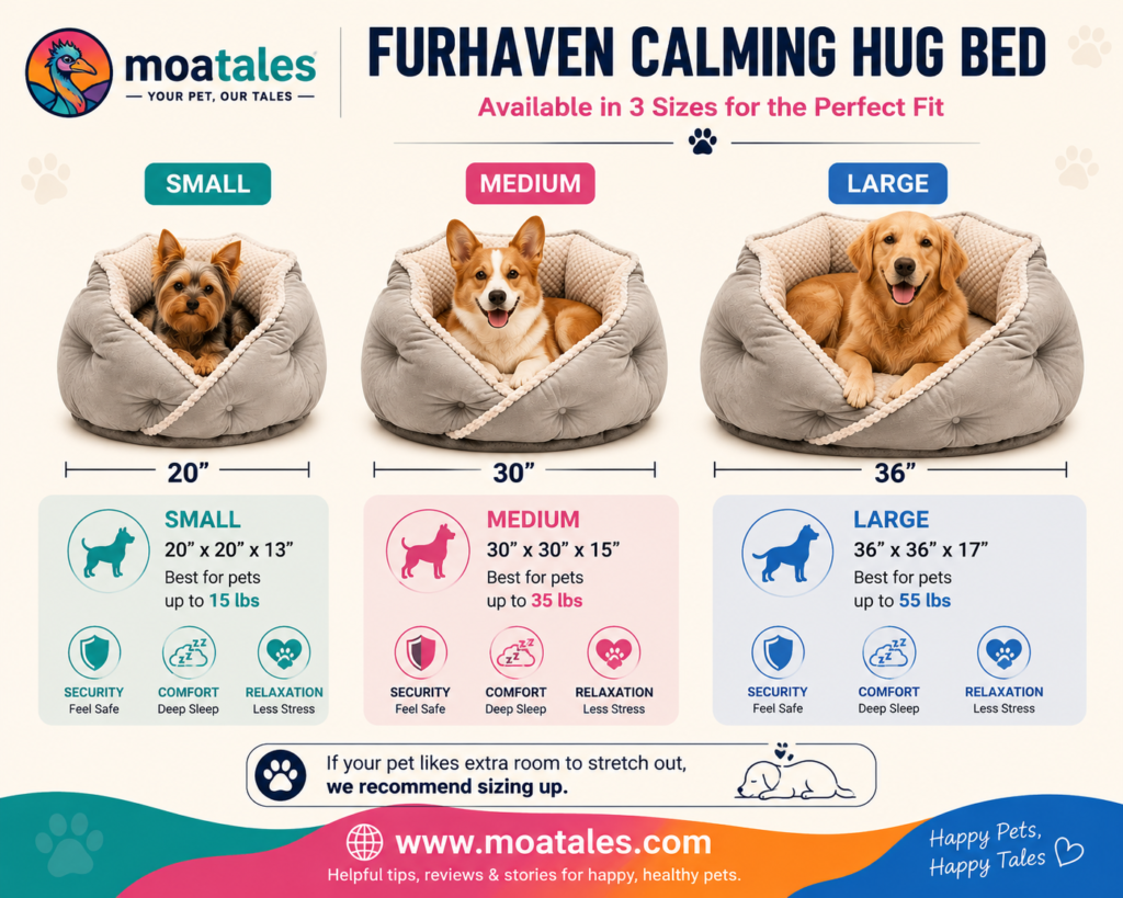 Furhaven Calming Hug Bed with a cute dog showing Small, Medium, and Large size options – MoaTales.com
