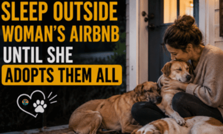 Woman hugging stray dogs after adopting them outside her Airbnb.