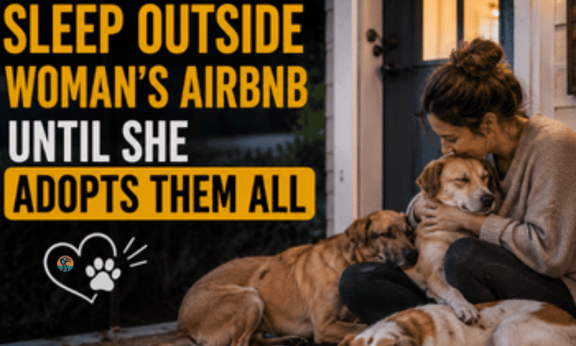 Woman hugging stray dogs after adopting them outside her Airbnb.