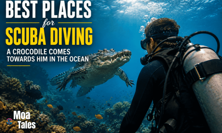 scuba diver underwater facing a large crocodile swimming directly toward him near a coral reef.