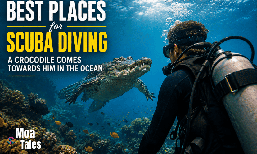 scuba diver underwater facing a large crocodile swimming directly toward him near a coral reef.
