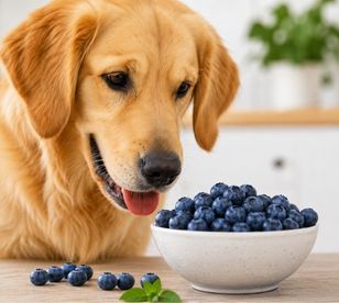 Golden Retriever looking at a bowl of fresh blueberries, showing whether dogs can eat blueberries safely.