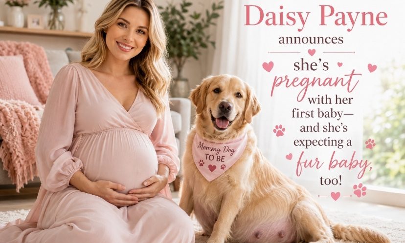Pregnant woman sitting beside a pregnant golden retriever during a family baby announcement.