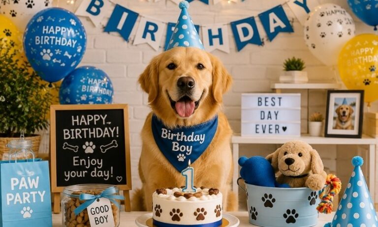 Happy dog celebrating with Dog Birthday Gifts, cake, balloons, toys, and party decorations.
