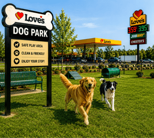 Dogs playing at a Dog Park at Love's Travel Stops with open green space and pet-friendly facilities.