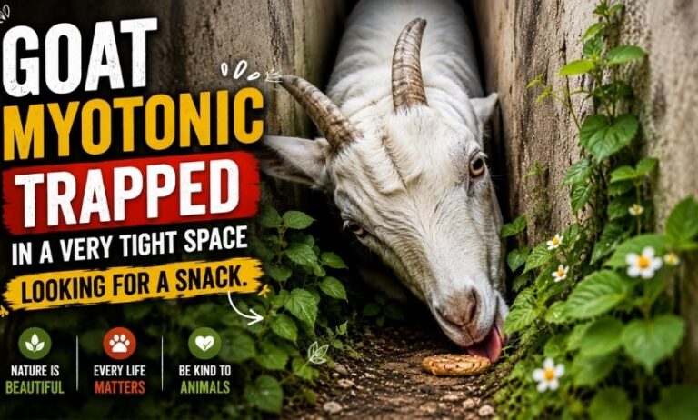 White Goat Myotonic lying on a rocky hillside surrounded by green plants in a natural outdoor environment.