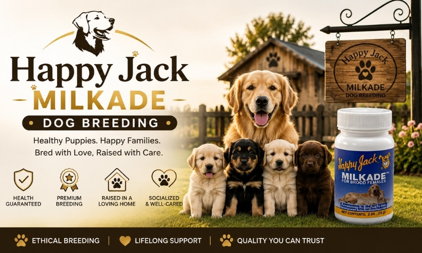 Happy Jack MILKADE dog breeding advertisement featuring a golden retriever, puppies, and a MILKADE supplement bottle.
