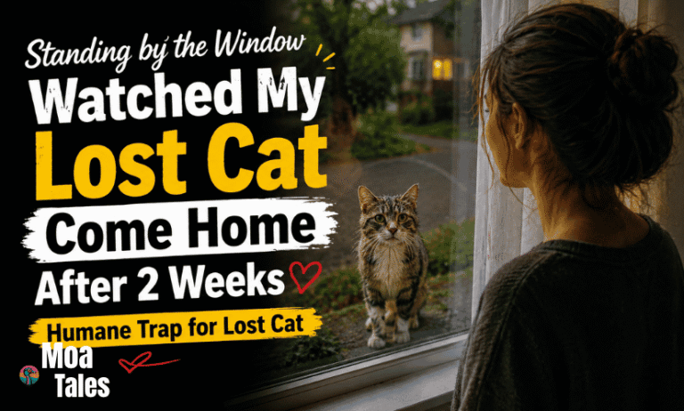 A woman standing by the window watching her lost cat return home after two weeks, with a humane trap for lost cat mentioned as part of the rescue story.