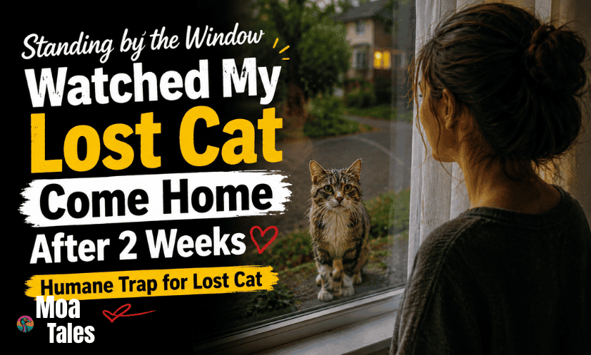 A woman standing by the window watching her lost cat return home after two weeks, with a humane trap for lost cat mentioned as part of the rescue story.