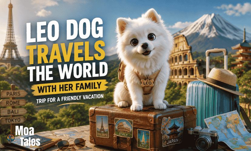 Leo Dog Travels the world with her family, sitting happily on a suitcase surrounded by travel maps, luggage, and famous destinations.