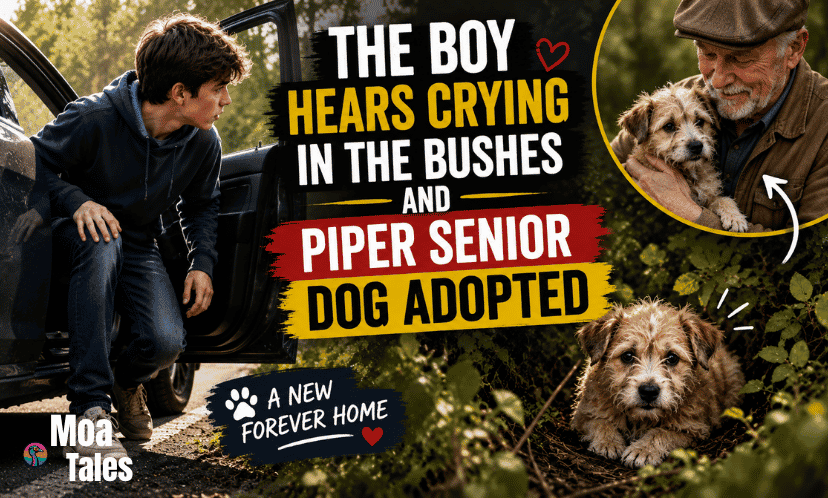 A young boy steps out of a car to rescue a small dog in the bushes, featuring the text "Piper Senior Dog Adopted".