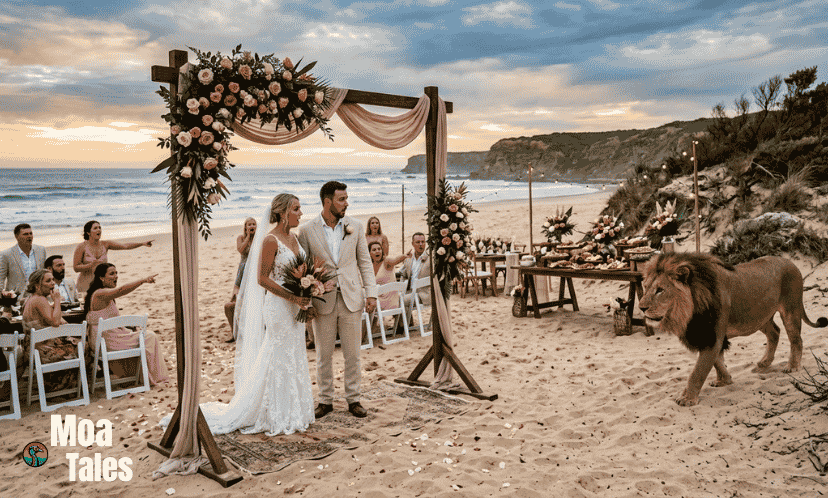 A hungry lion crashing a Romantic Beach Wedding on the sand at sunset.