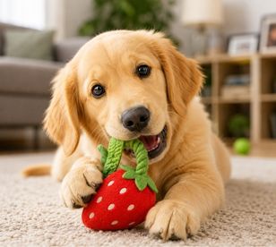 Golden Retriever puppy happily chewing a strawberry-shaped toy while playing on a soft rug in a cozy living room.