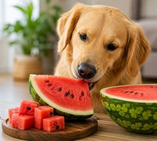 Golden Retriever curiously sniffing fresh watermelon slices on a wooden table, showing a healthy fruit option for dogs.
