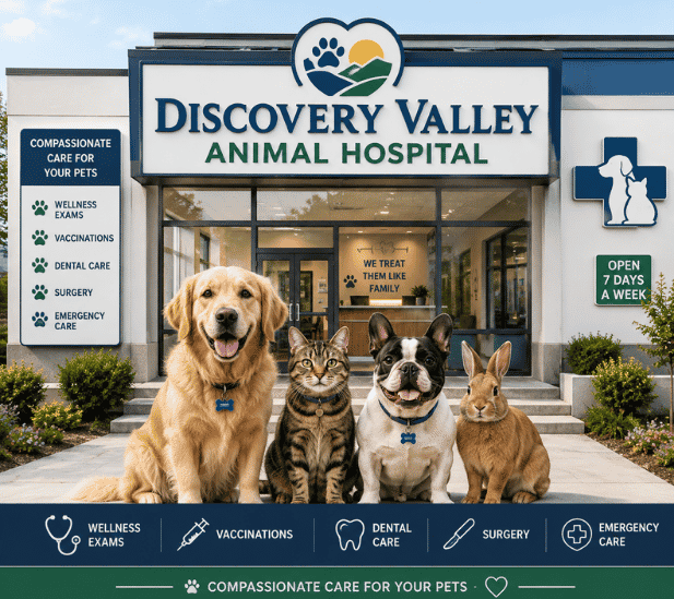 Caring veterinarian providing friendly medical care to a dog at Discovery Valley Animal Hospital.