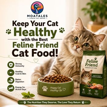 Healthy cat enjoying Feline Friend Cat Food for balanced nutrition and daily wellness.