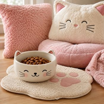 Cute cat feeding bowl and plush cushions setup on moatales