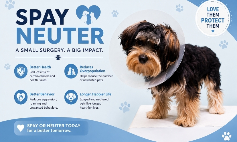 Spay neuter veterinary care poster featuring a small dog wearing a recovery cone