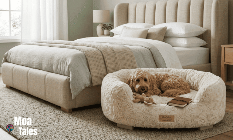 A dog resting comfortably in a plush cream-colored barneycurl orthopedic luxury dog bed next to a modern upholstered bed.