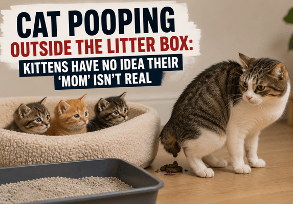 Cat Pooping Outside the Litter Box while kittens watch nearby