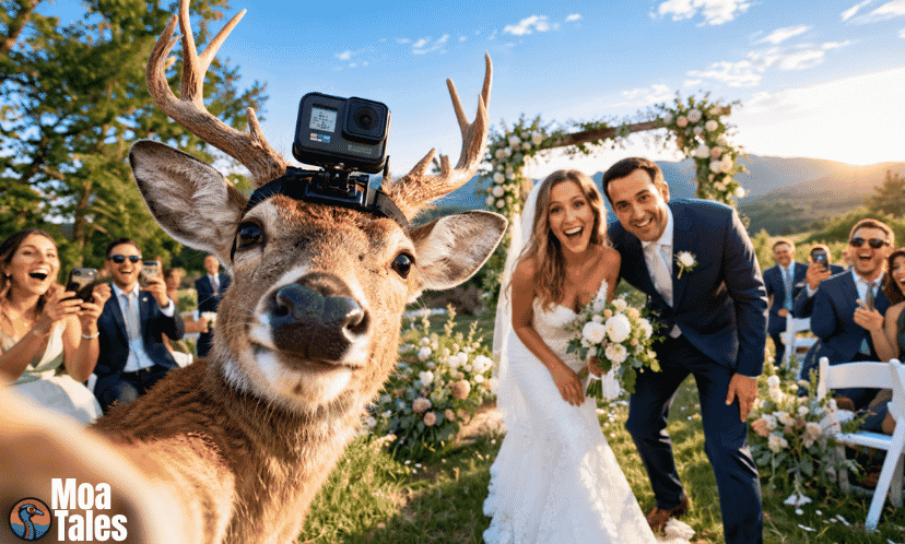 A deer wearing a GoPro at a Deer GoPro wedding, with the couple in the background.