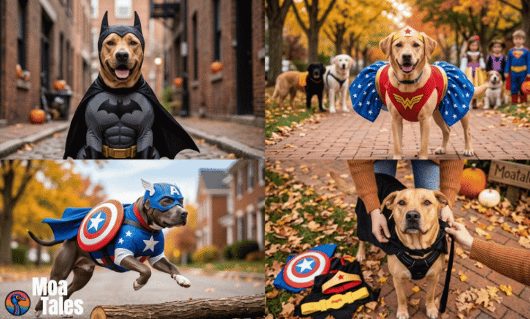 A 4-panel collage featuring dogs dressed as superheroes (Batman, Wonder Woman, Captain America) showing Dog Dress Halloween outfit ideas.
