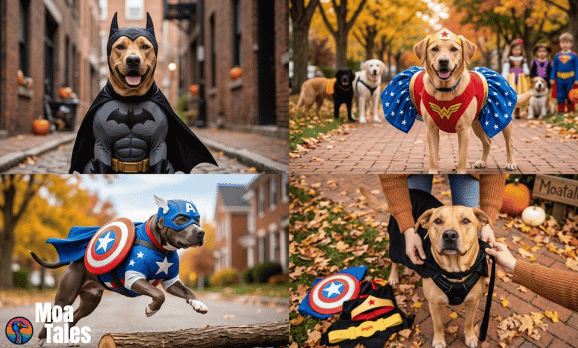 A 4-panel collage featuring dogs dressed as superheroes (Batman, Wonder Woman, Captain America) showing Dog Dress Halloween outfit ideas.
