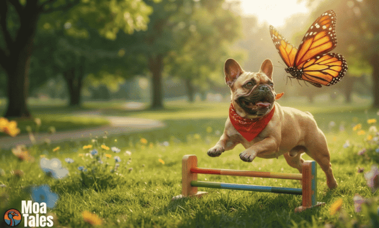 An active fawn French Bulldog with a red bandana jumping over an agility hurdle in a grassy, sunlit park with wildflowers and a flying butterfly.