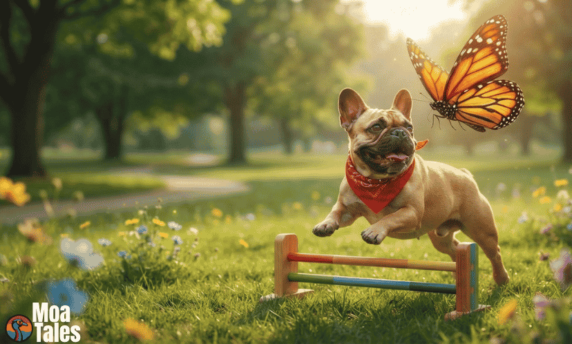 An active fawn French Bulldog with a red bandana jumping over an agility hurdle in a grassy, sunlit park with wildflowers and a flying butterfly.
