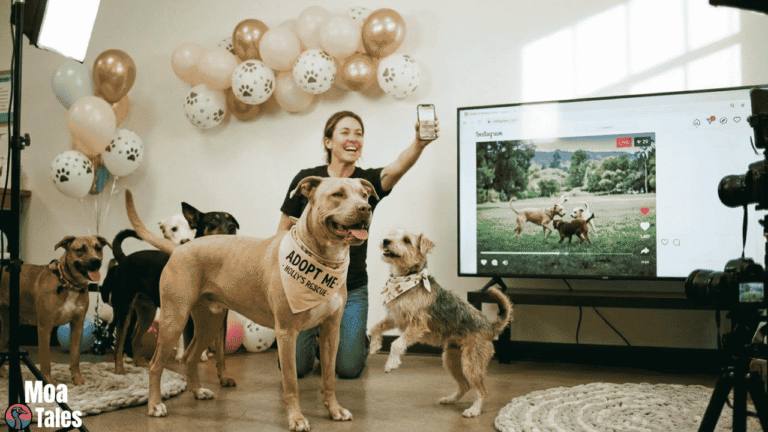Rescue dogs on set for the Holly Rescue Dog Instagram Video live adoption.