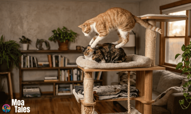 An orange cat jumping high onto a cat tree and landing directly on top of another cat.