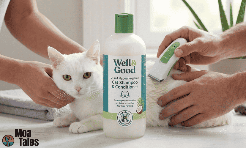 White cat receiving gentle grooming with hypoallergenic cat shampoo for sensitive skin.