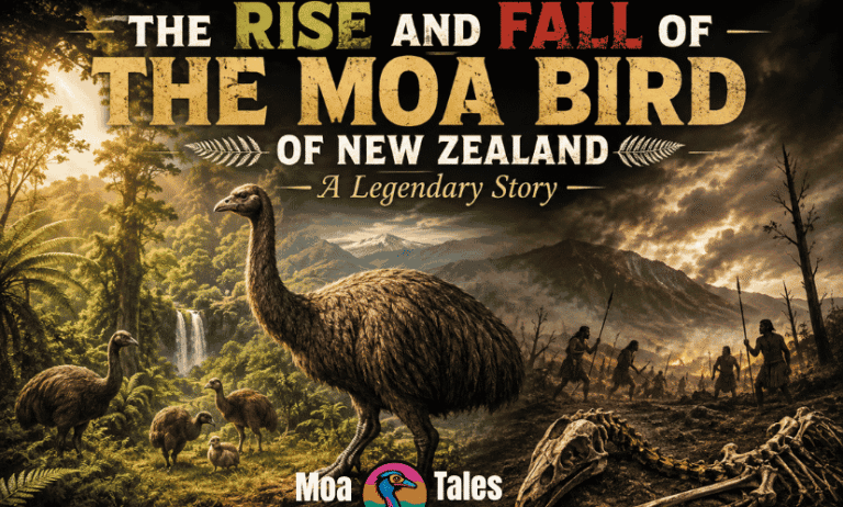 Moa Bird of New Zealand standing in an ancient lush forest