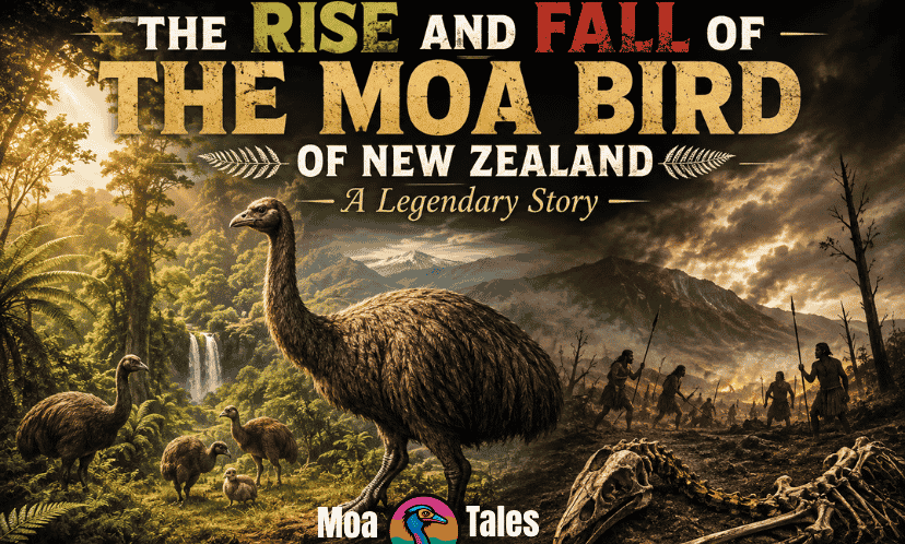 Moa Bird of New Zealand standing in an ancient lush forest