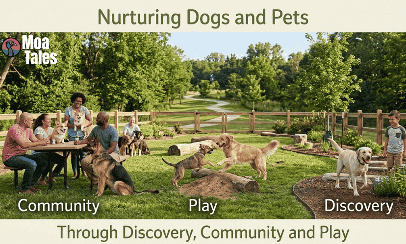 A group of pet owners and their dogs enjoying a sunny day at a park, playing and gathering around picnic tables, illustrating the concept of nurturing dogs and pets through discovery, community, and play.