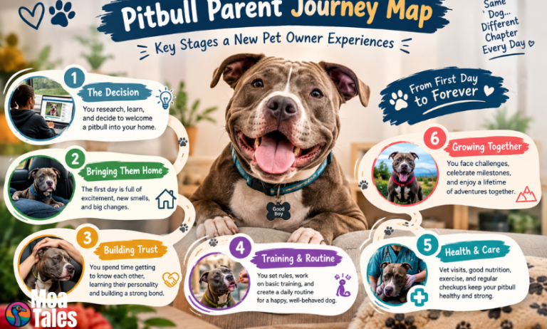Pitbull Parent Journey Map: Key Stages a New Pet Owner Experiences" illustrating the six-step process of adopting and raising a Pitbull.