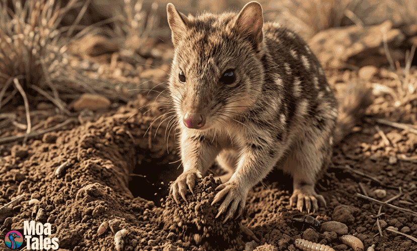 A tiny marsupial digging into dry soil near its underground burrow in the desert.