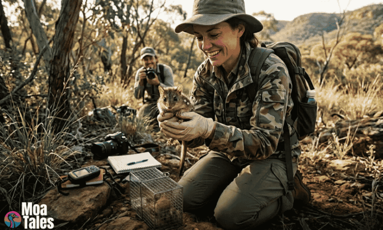 Female wildlife researcher holding a rare tiny marsupial in the Australian bush.