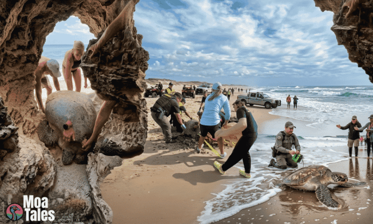 A group of people and rescue personnel helping several large sea turtles on a sandy beach.