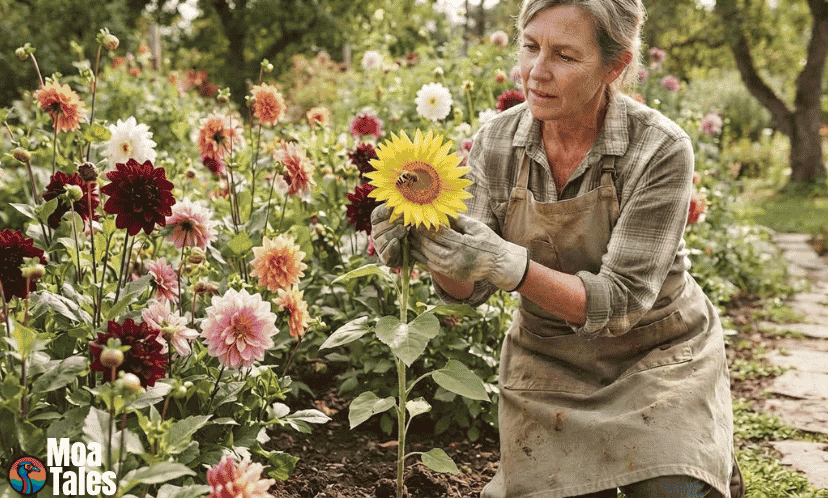 A gardener examining a vibrant sunflower blooming amidst dahlias with a bee sitting on it.