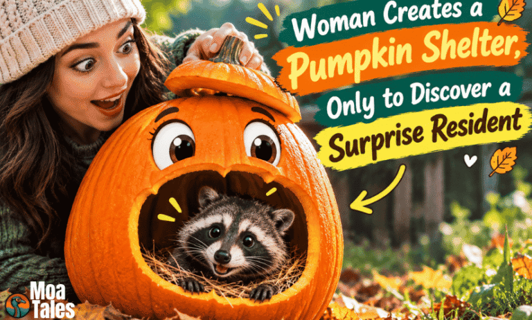 Woman Creates a Pumpkin Shelter with a cute raccoon inside.